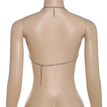 Halter layered metal chain hollow out backless cut out top