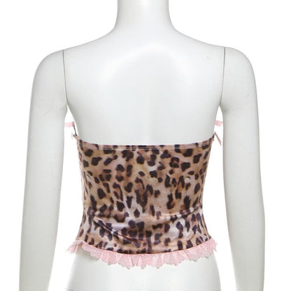 Bowknot leopard print lace hem backless tube top