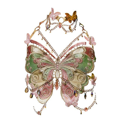 Butterfly embroidery metal chain halter top with choker