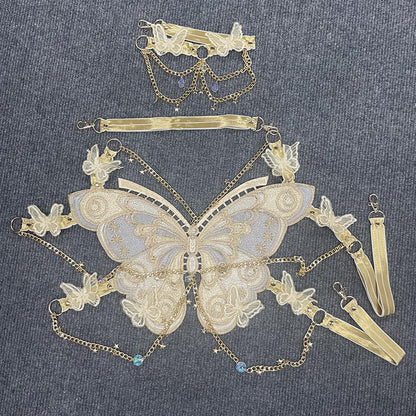 Butterfly embroidery metal chain halter top with choker