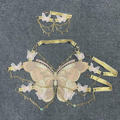 Butterfly embroidery metal chain halter top with choker