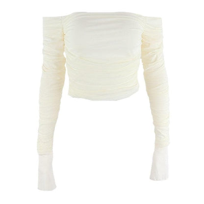 Double layered mesh off shoulder ruched long sleeve solid crop top