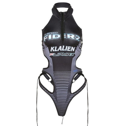 Sleeveless hollow out contrast print halter backless bodysuit