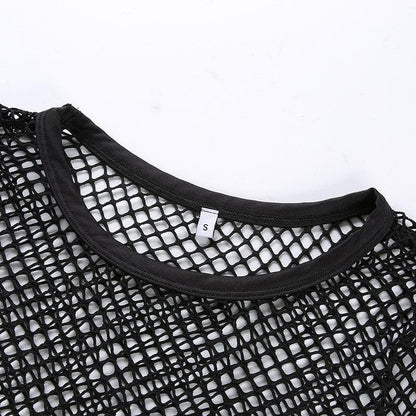 Round neck long sleeve tie back fishnet top