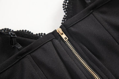 V neck heart neck solid lace up zip-up lace hem cami top