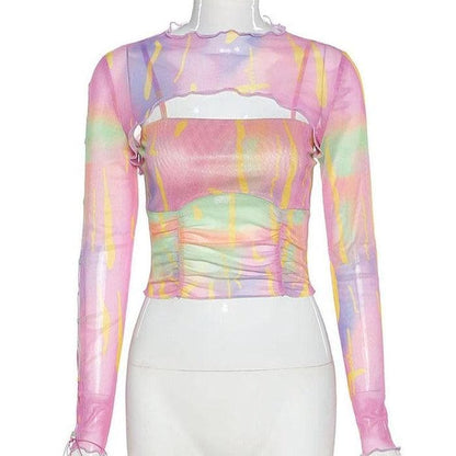 Long sleeve ruffled hollow out mesh cut out top