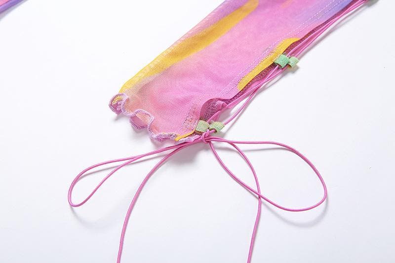 Long sleeve ruffled hollow out mesh cut out top