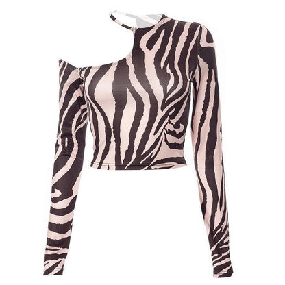 Long sleeve off shoulder zebra print crop top