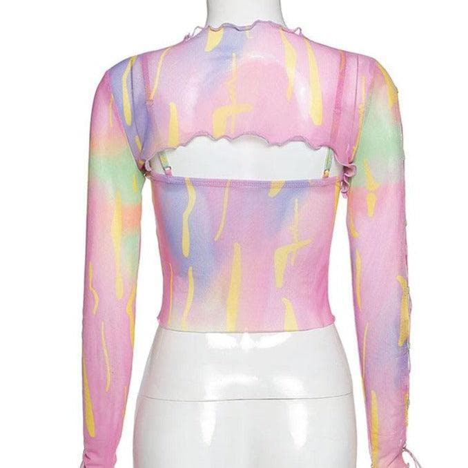 Long sleeve ruffled hollow out mesh cut out top