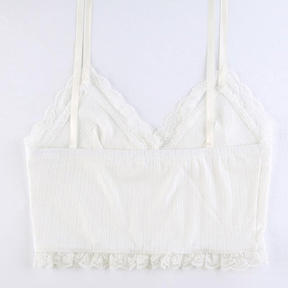 Hem lace self tie ribbed crop cami top