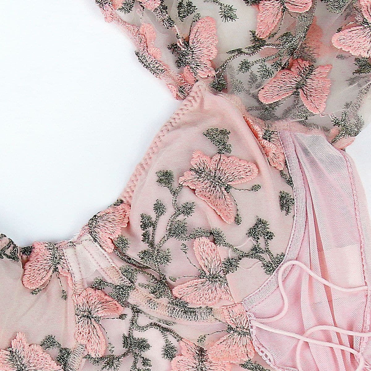 Butterfly embroidery drawstring mesh lace up bustier crop top