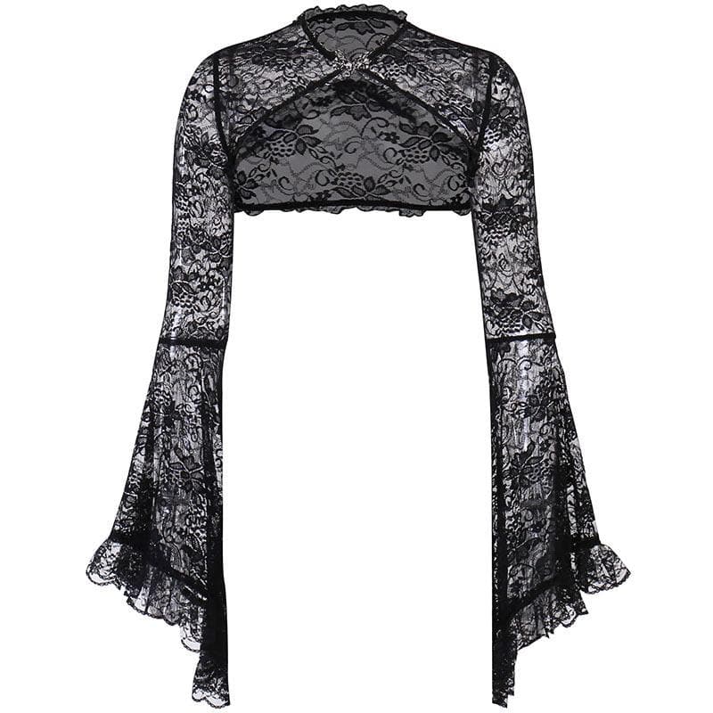 Solid flared sleeve lace hem button hollow out shrug cut out top