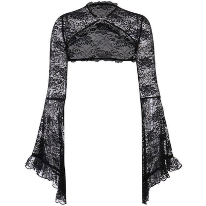 Solid flared sleeve lace hem button hollow out shrug cut out top
