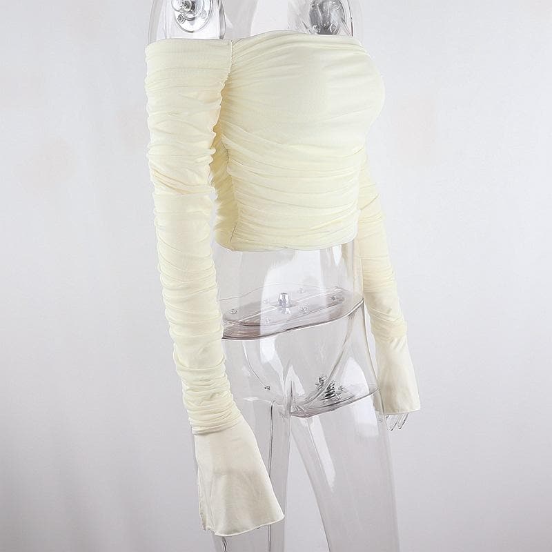 Double layered mesh off shoulder ruched long sleeve solid crop top