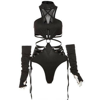 High neck o ring hollow out lace up gloves bodysuit