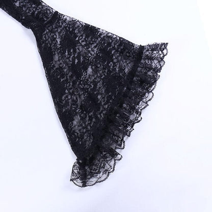 Solid flared sleeve lace hem button hollow out shrug cut out top