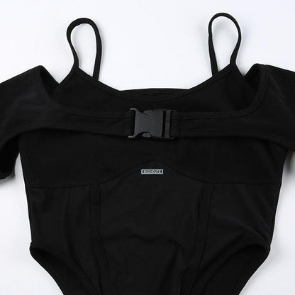 Buckle mesh off shoulder long sleeve solid shrug 2 piece bodysuit