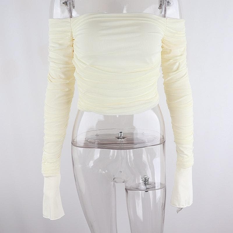 Double layered mesh off shoulder ruched long sleeve solid crop top