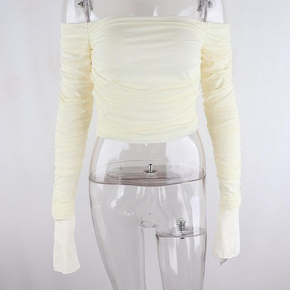 Double layered mesh off shoulder ruched long sleeve solid crop top