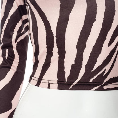 Long sleeve off shoulder zebra print crop top
