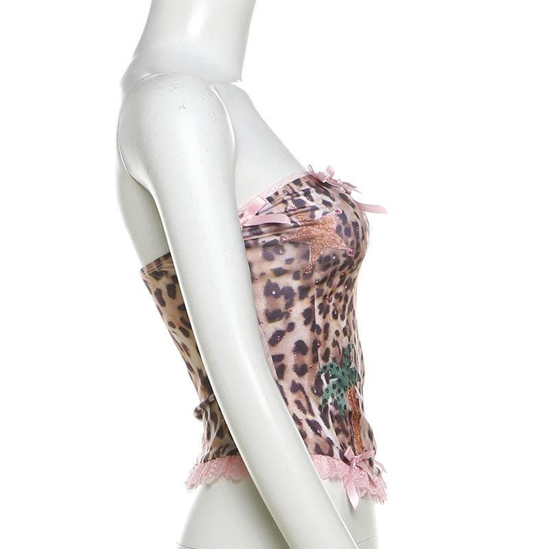 Bowknot leopard print lace hem backless tube top