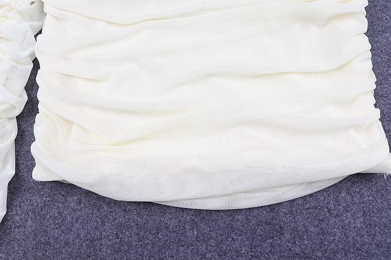 Double layered mesh off shoulder ruched long sleeve solid crop top