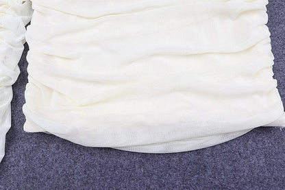 Double layered mesh off shoulder ruched long sleeve solid crop top