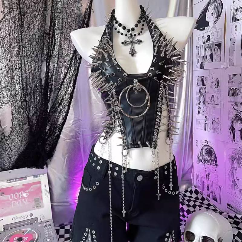 Halter PU leather o ring rivet applique metal chain top